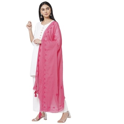 Cotton Embroidered Pink Dupatta with tassels