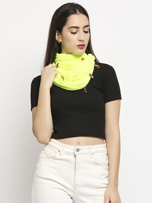 Yellow Jersey Snood with multicolor tassels.