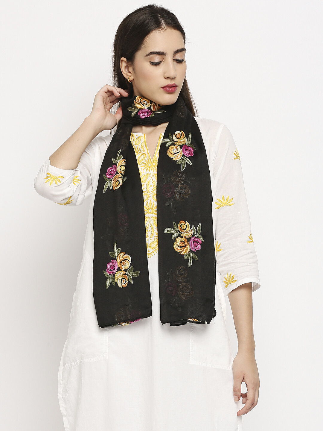 Flower embroidery Black scarf in soft fabric