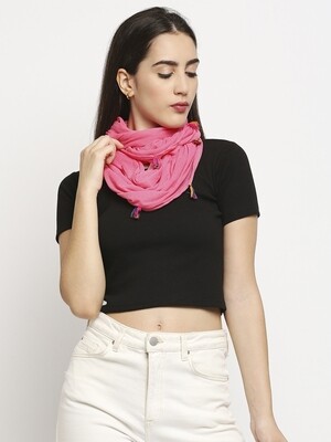 Pink Jersey Snood with multicolor tassels.