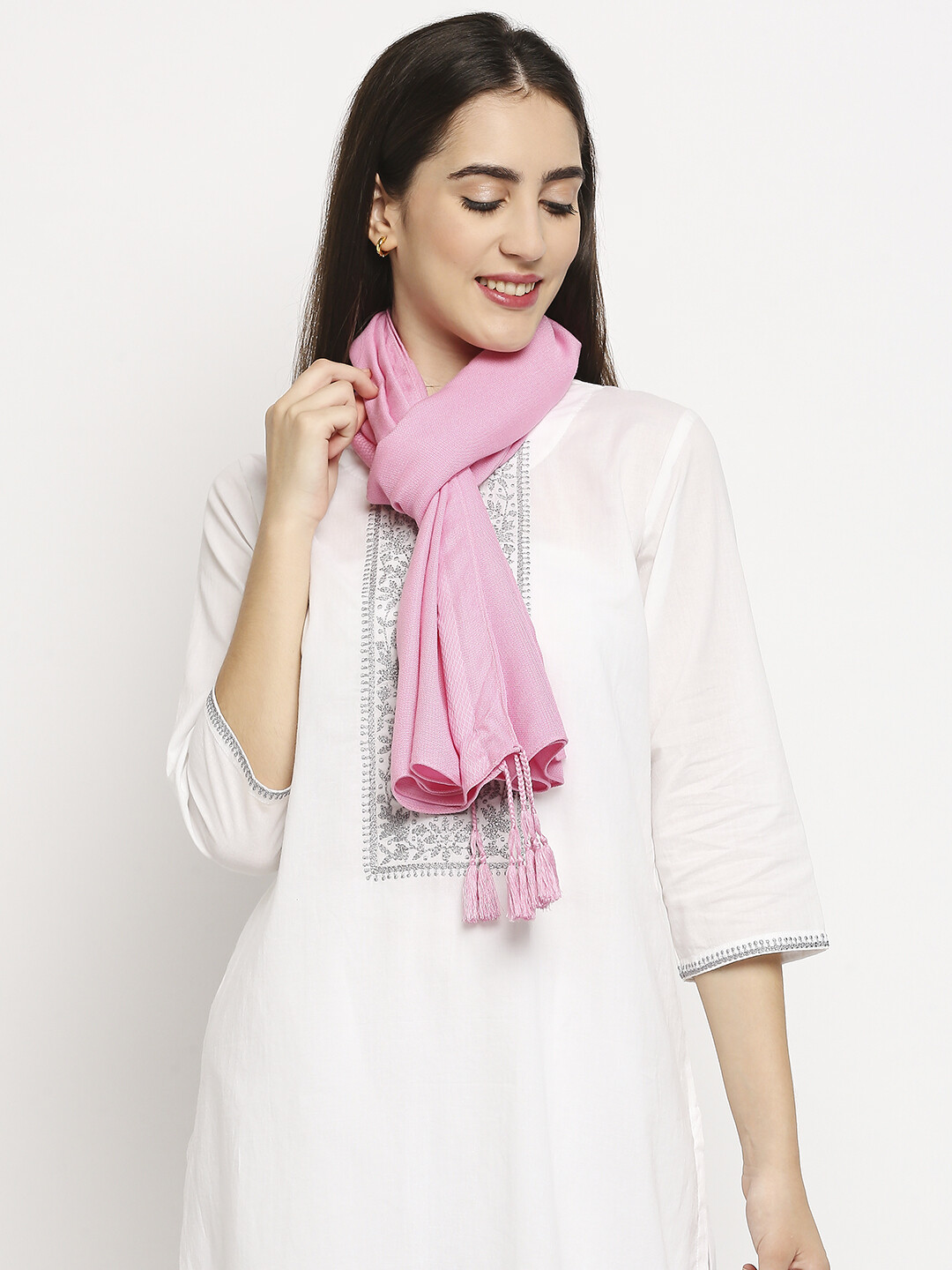 Dobby Border Pink Scarf with tassels.