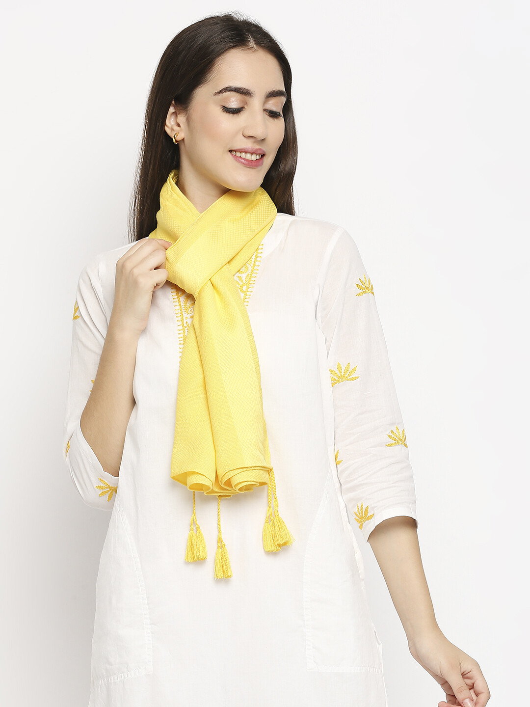 Dobby Border Yellow Scarf with tassels.