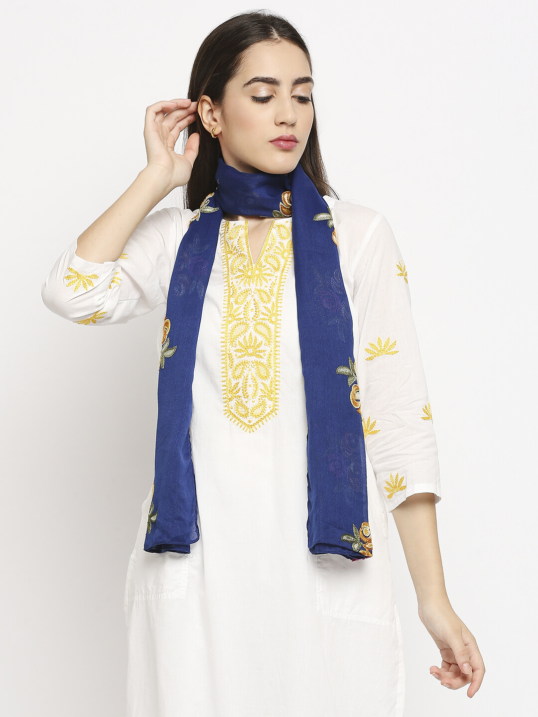 Flower embroidery Blue scarf in soft fabric
