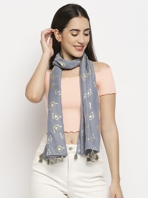 Butterfly foil print grey scarf in soft fabric with tassels
