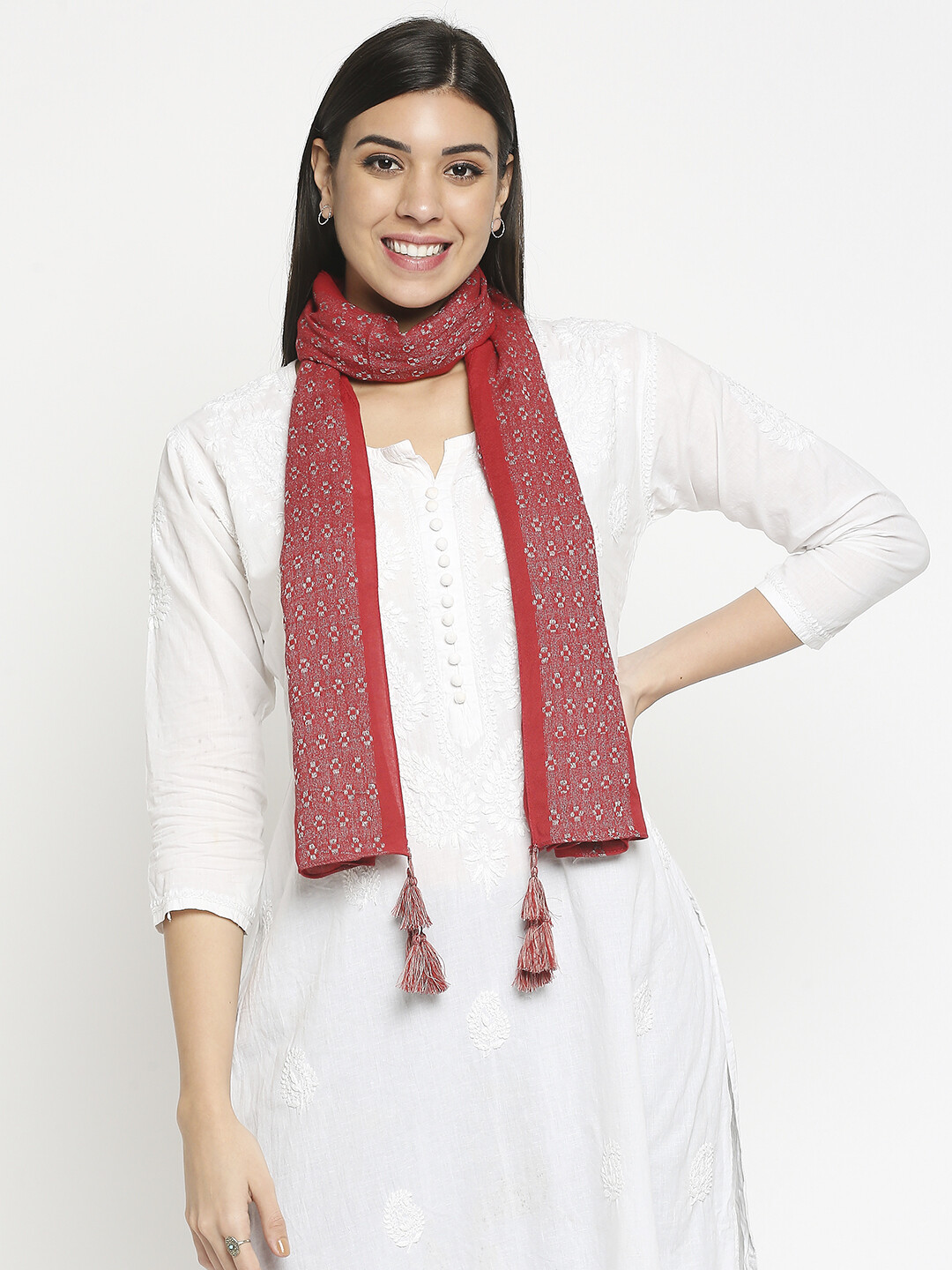 Dyed Dobby Design in Red Scarf with tassels