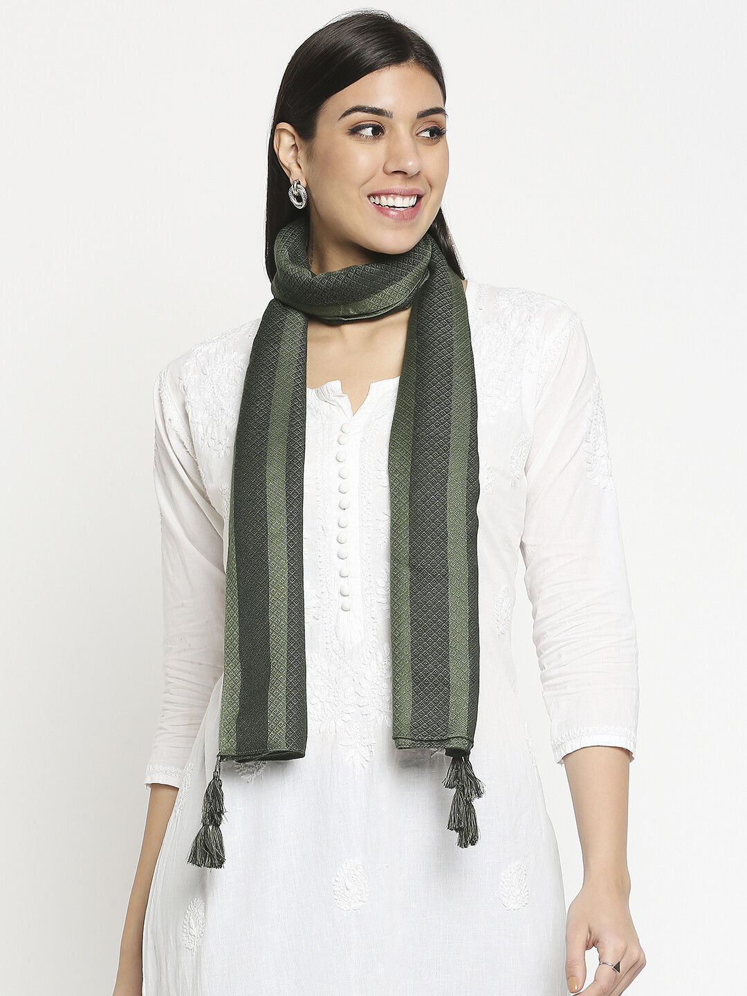 Dyed Dobby Design in Olive green Scarf with tassels