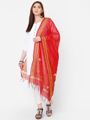 Golden Border Red Dupatta with Embroidery