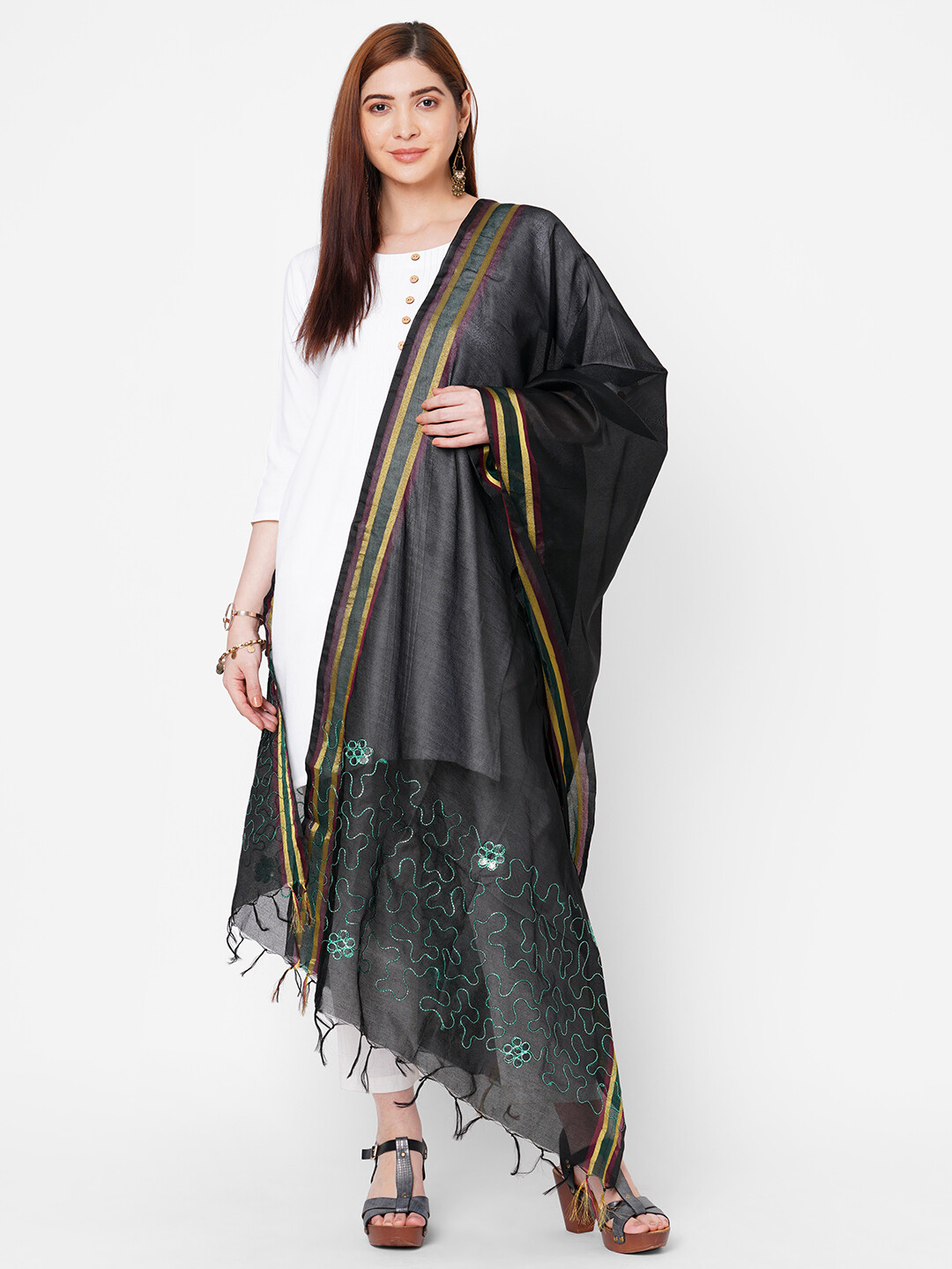 Golden Border Black Dupatta with Embroidery