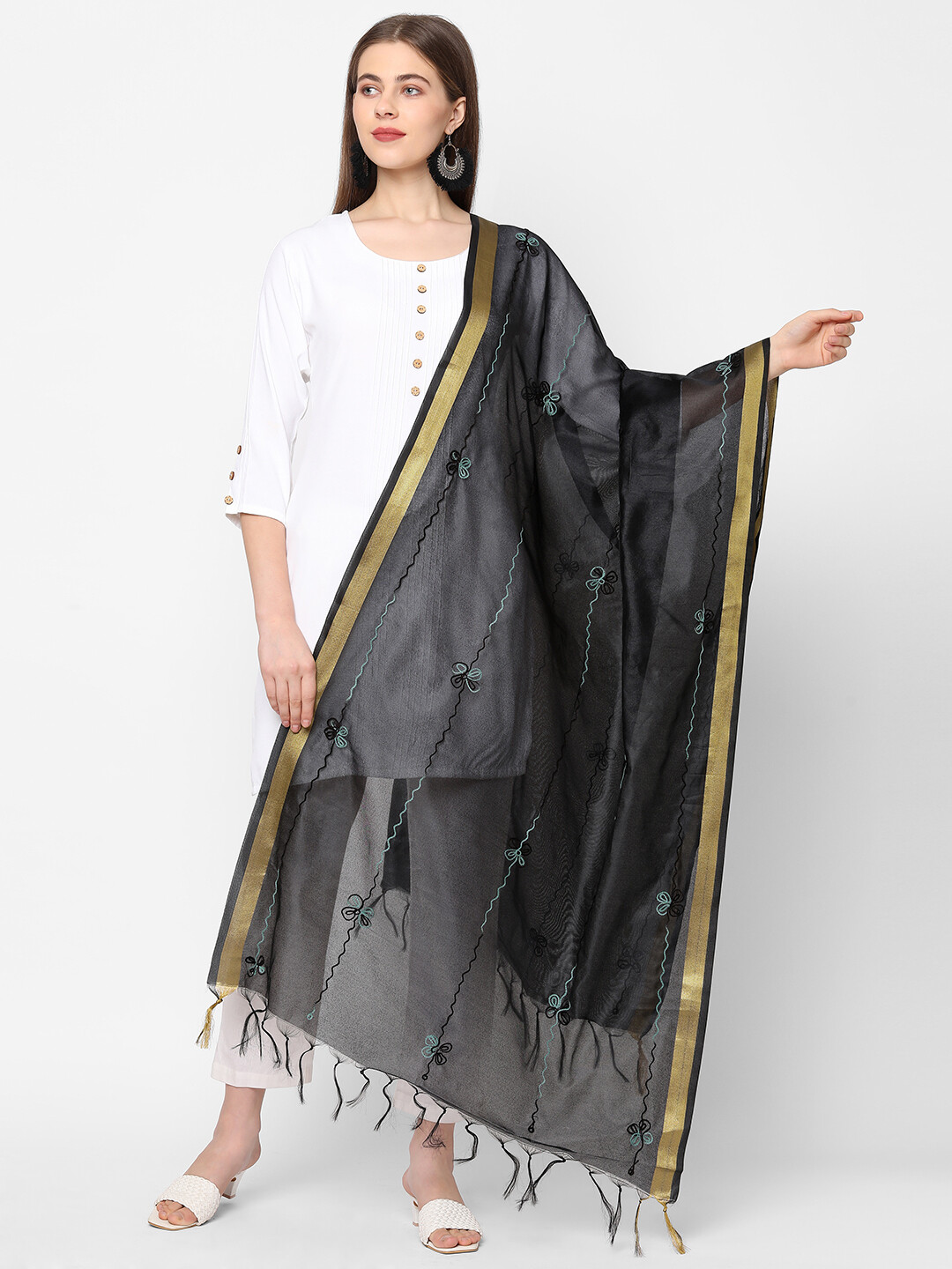 Golden Border Black Dupatta with Embroidery