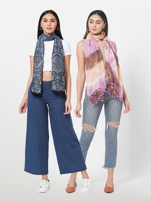combo offer on Jacquard Lurex  Scarf & large Rayon tie-Dye Scarfs with Poms