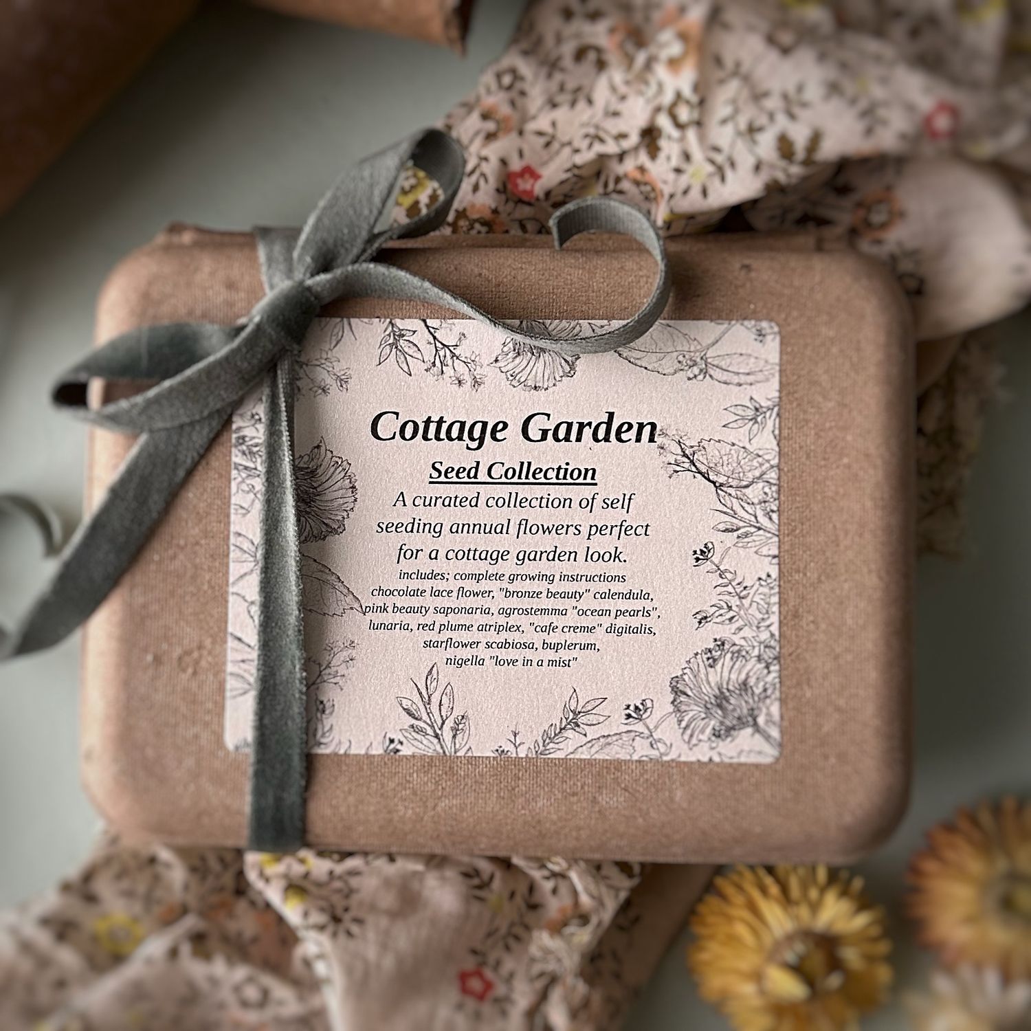 Cottage garden seed collection featuring classic cut flowers in soft, romantic seasonal tones.