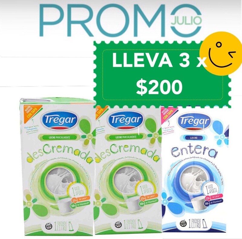 Leche larga vida Tregar descremada y entera.promocion  llevando3cajitas