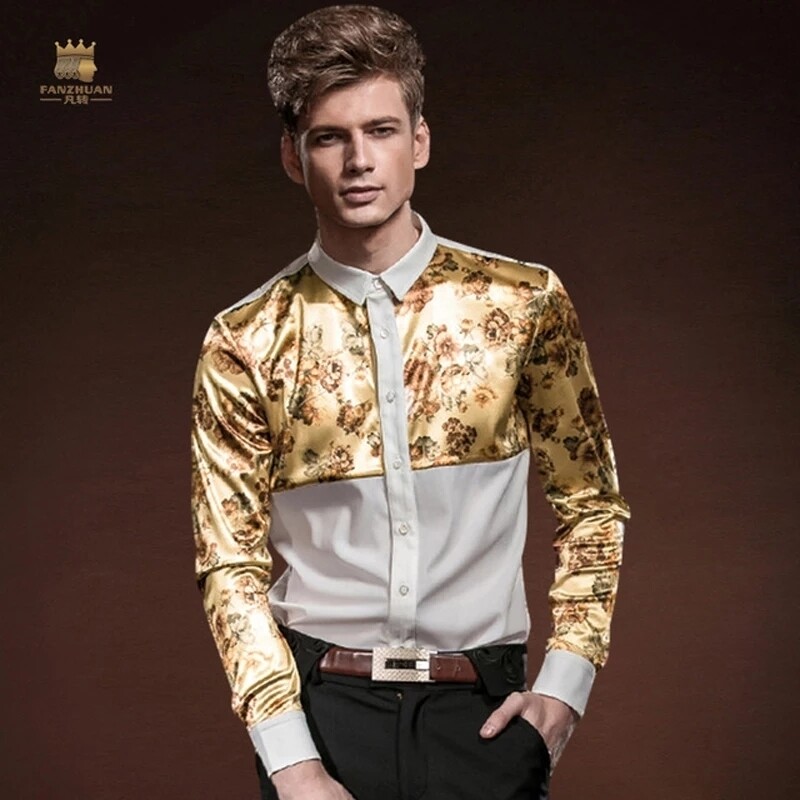 FANZHUAN brand Free shipping New Men&#39;s MALE Shirts Spring Autumn Slim Long Sleeved Mosaic Floral Palace Stitching Shirt 14219