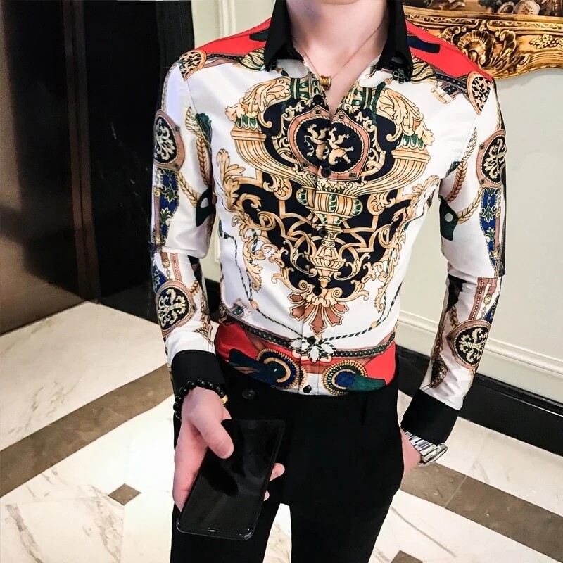 2019 Male business printing Shirts Baroque Slim Fit Party Club Shirt Men Camisa Homem luxury Long Sleeve Shirt Plus Size 4XL