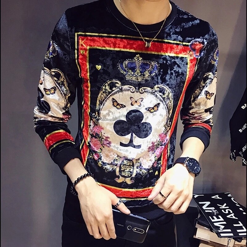 Luxury Design Printing T Shirt Homme Royal Print Men Velour T Shirt Club Outfit Men Slim Fit Long Sleeve O Neck Velvet T Shirt