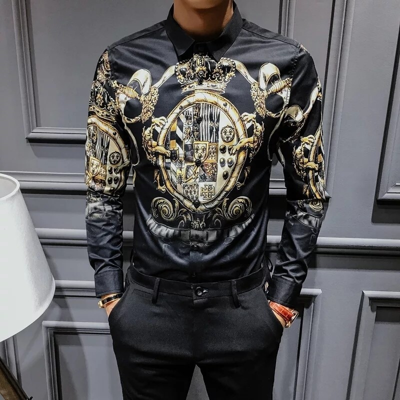 2019 Spring Autumn Black Gold Print Shirts Men Slim Fit Shirt Men luxury Long Sleeve Shirt Plus Size