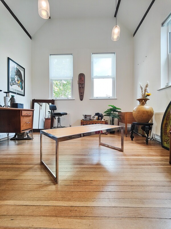 Howard Miller MDA Chrome and Teak Coffee Table Howard Miller MDA Chrome and Teak Coffee Table