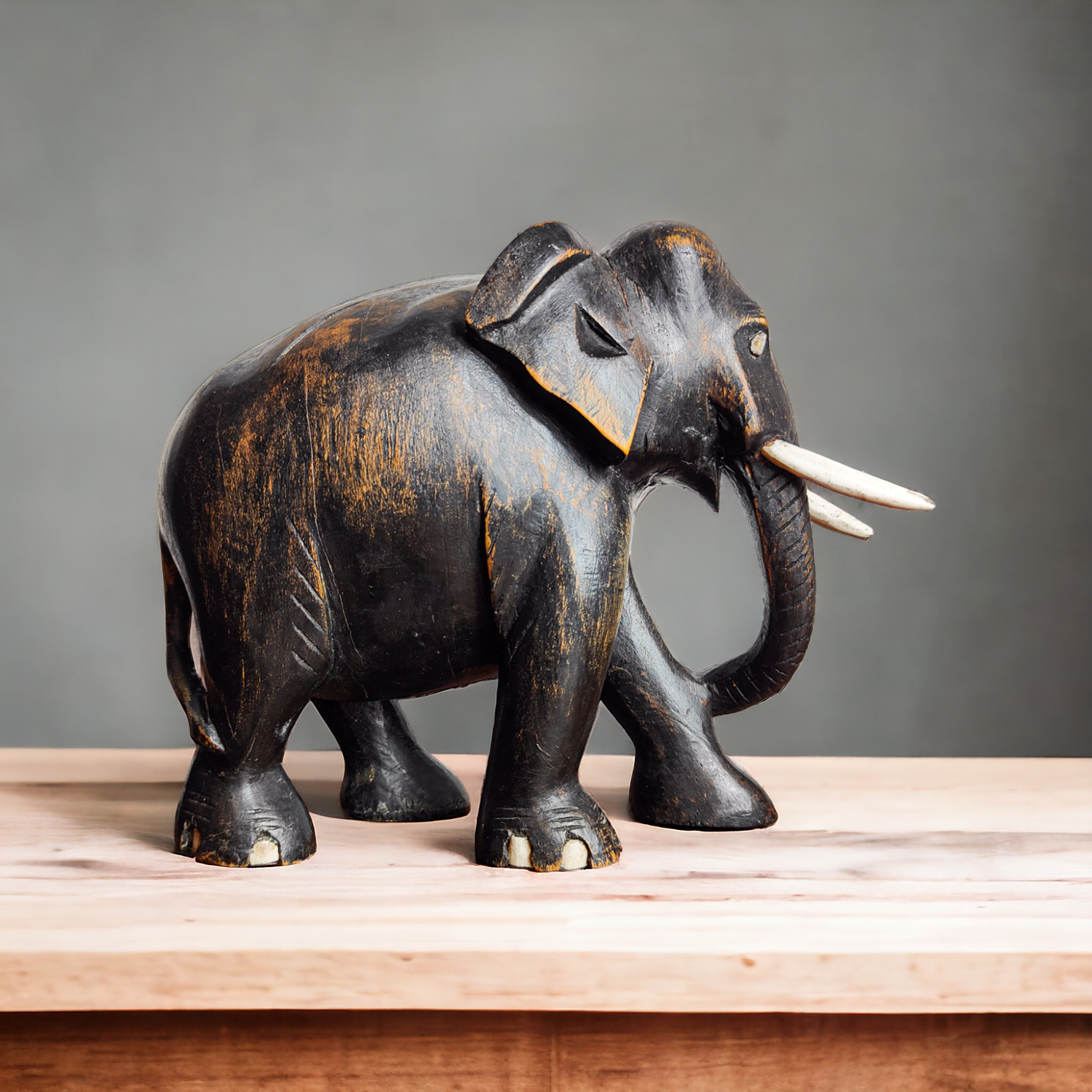 Ebonised Elm Carved Asian Elephant