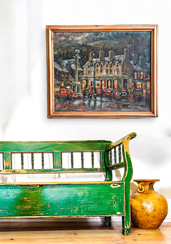 English Town landscape Framed  Oil Painting on Board circa 1970