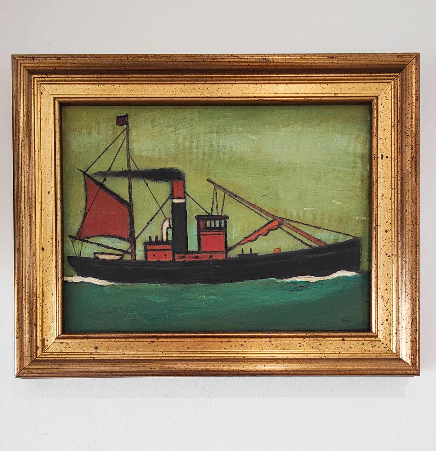 Mid Century Framed  Acrylic on Canvas of A  Sail Steam Boat