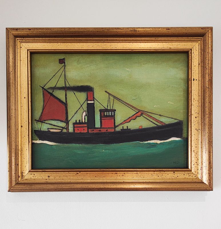 Mid Century Framed  Acrylic on Canvas of A  Sail Steam Boat