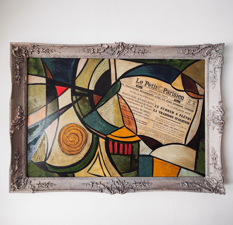 Mid Century Abstract French Framed Oil on Board 