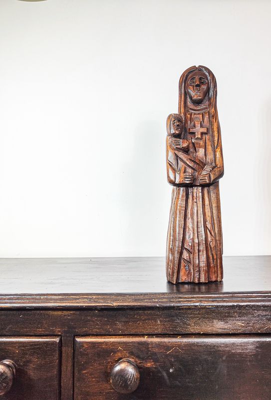 French 19th Century Oak Wooden Sculpture of Virgin Mary and Child
