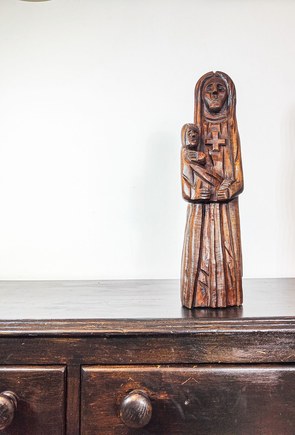 French 19th Century Oak Wooden Sculpture of Virgin Mary and Child