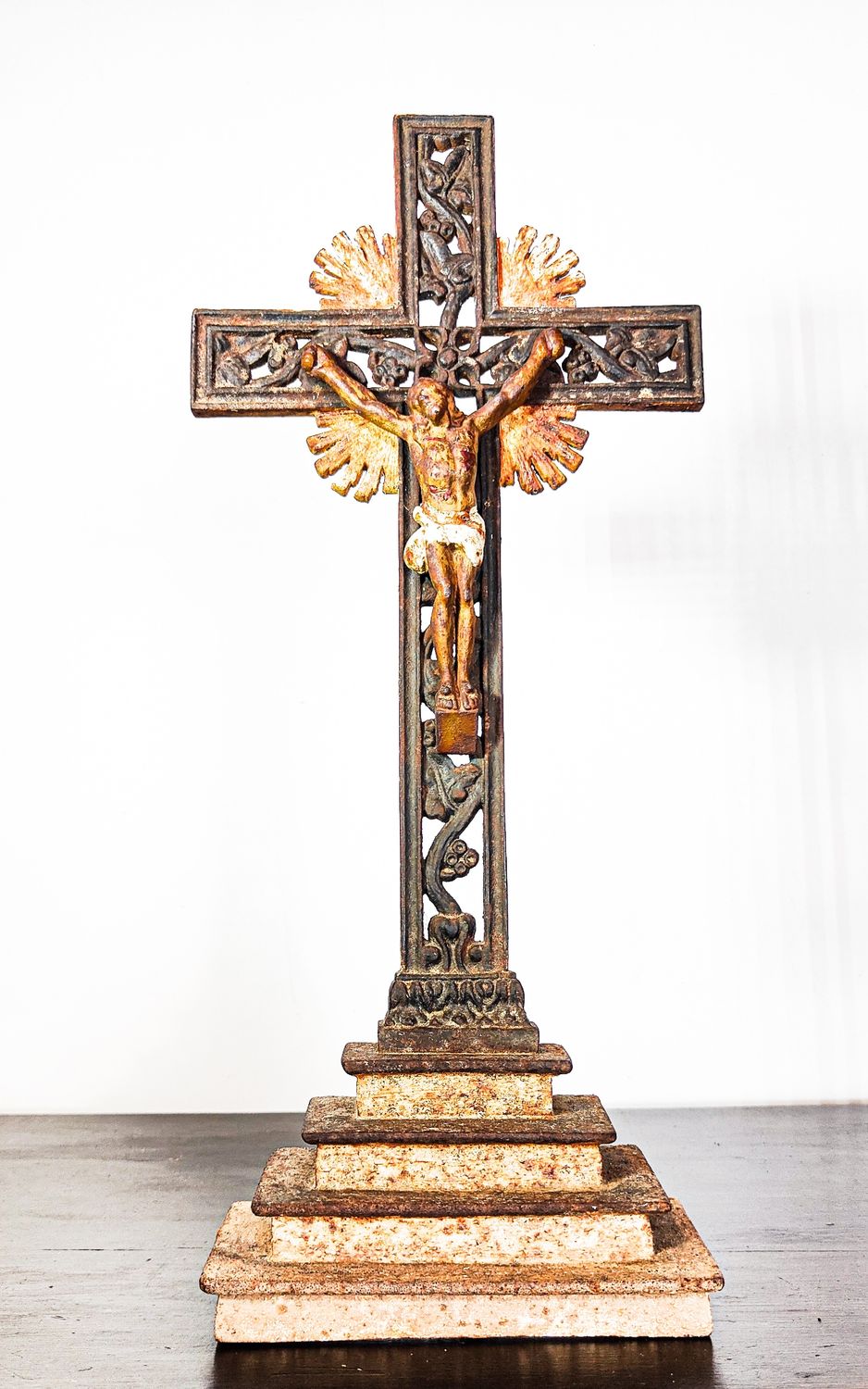 French Circa 19th Century Cast Iron Altar Crucifix