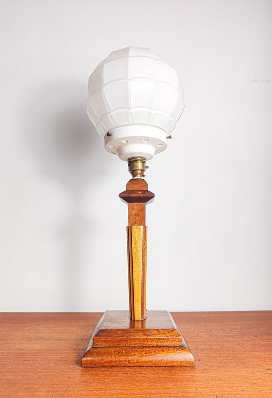 Art Deco Teak Column Table lamp