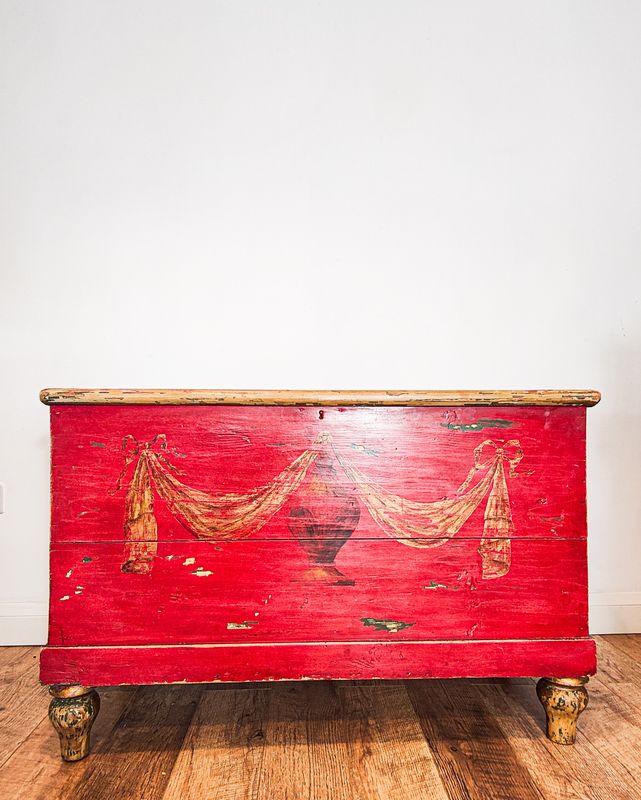 A Late 19th Century Pine European Painted Dowry Blanket Chest