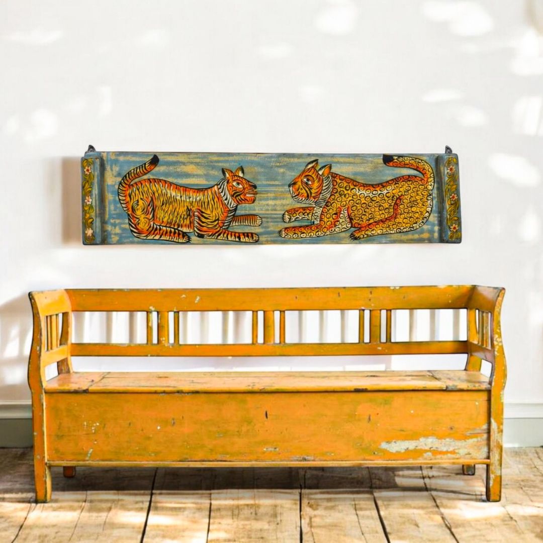 19th Century Hardwood Indian Painted Window Shutter Panel