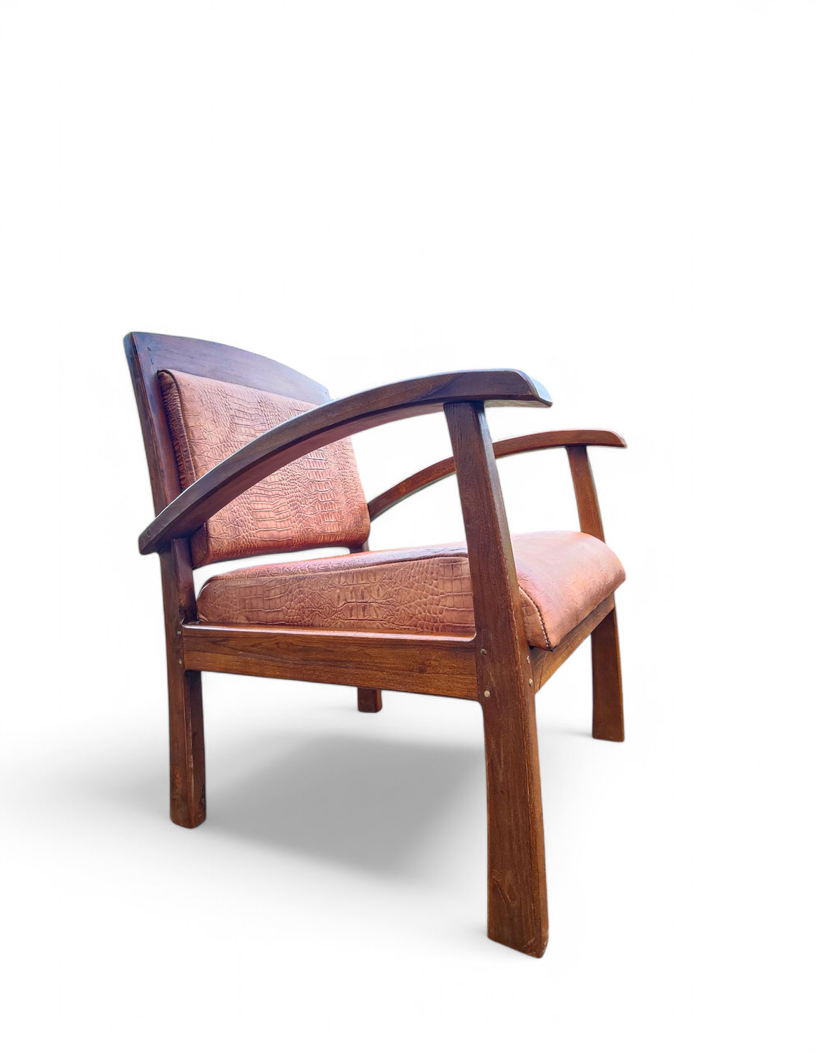 Mid Century Tan Crocodile Embossed Leather Teak Accent Chair