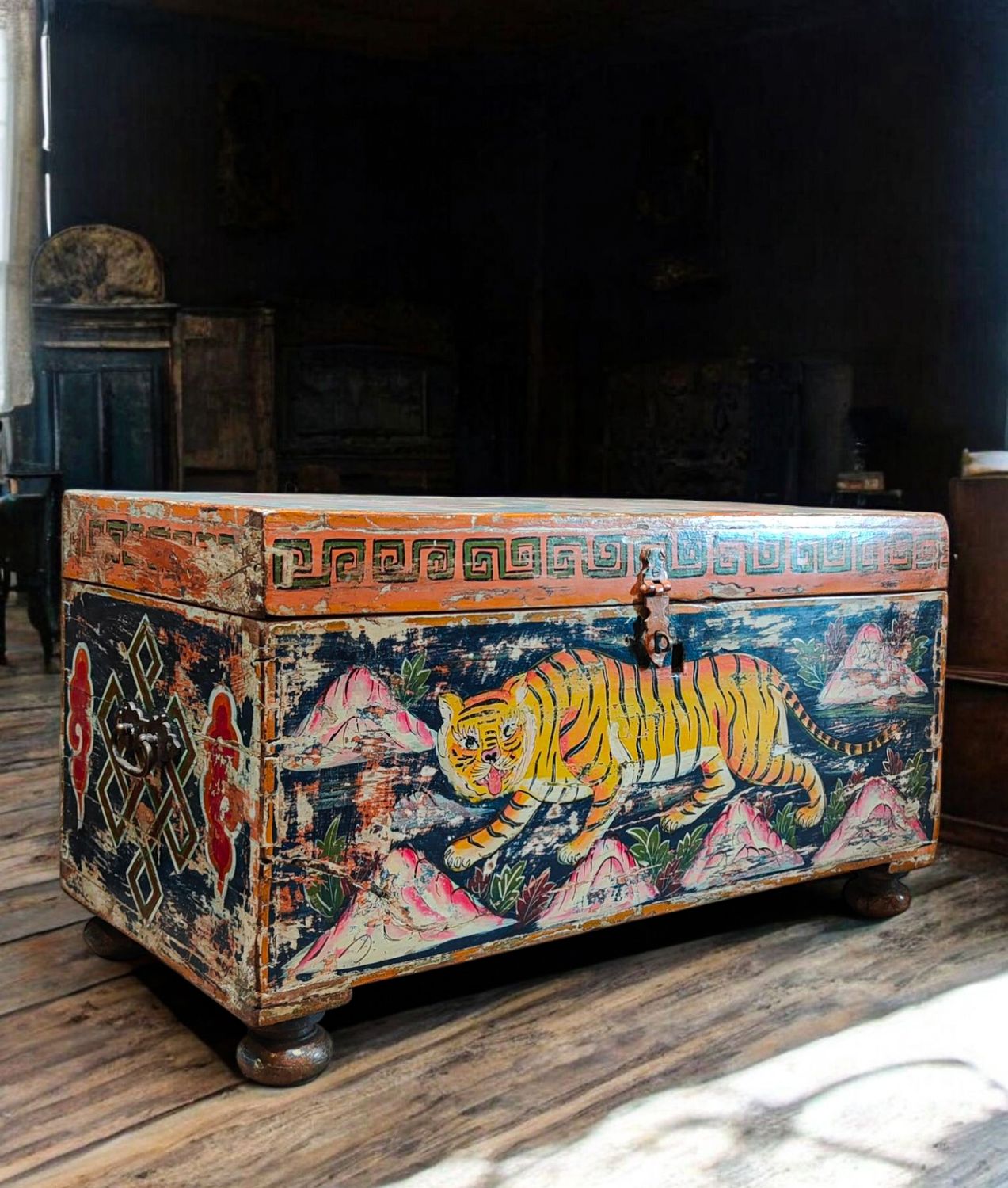 Early 20th Century Indian Painted Chest with Tiger and Floral Motif
