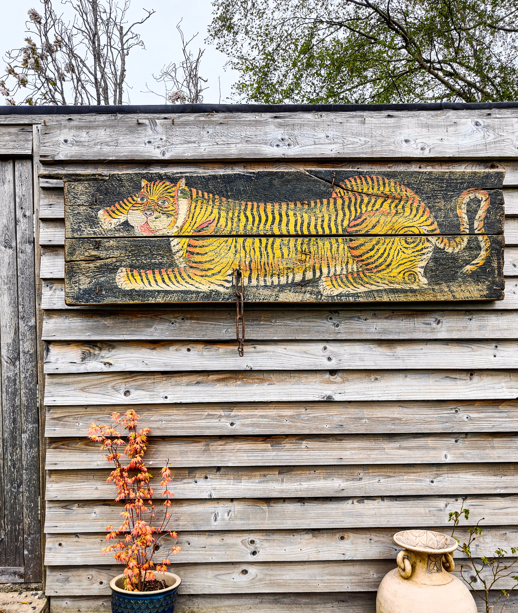 Himalayan Hand Painted Tiger 19th Century Elm Door