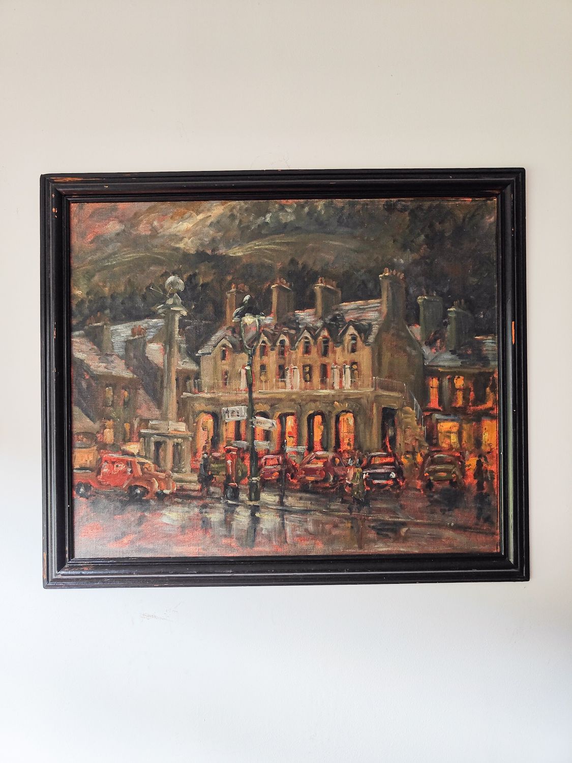 English Town landscape Framed  Oil Painting on Board circa 1970