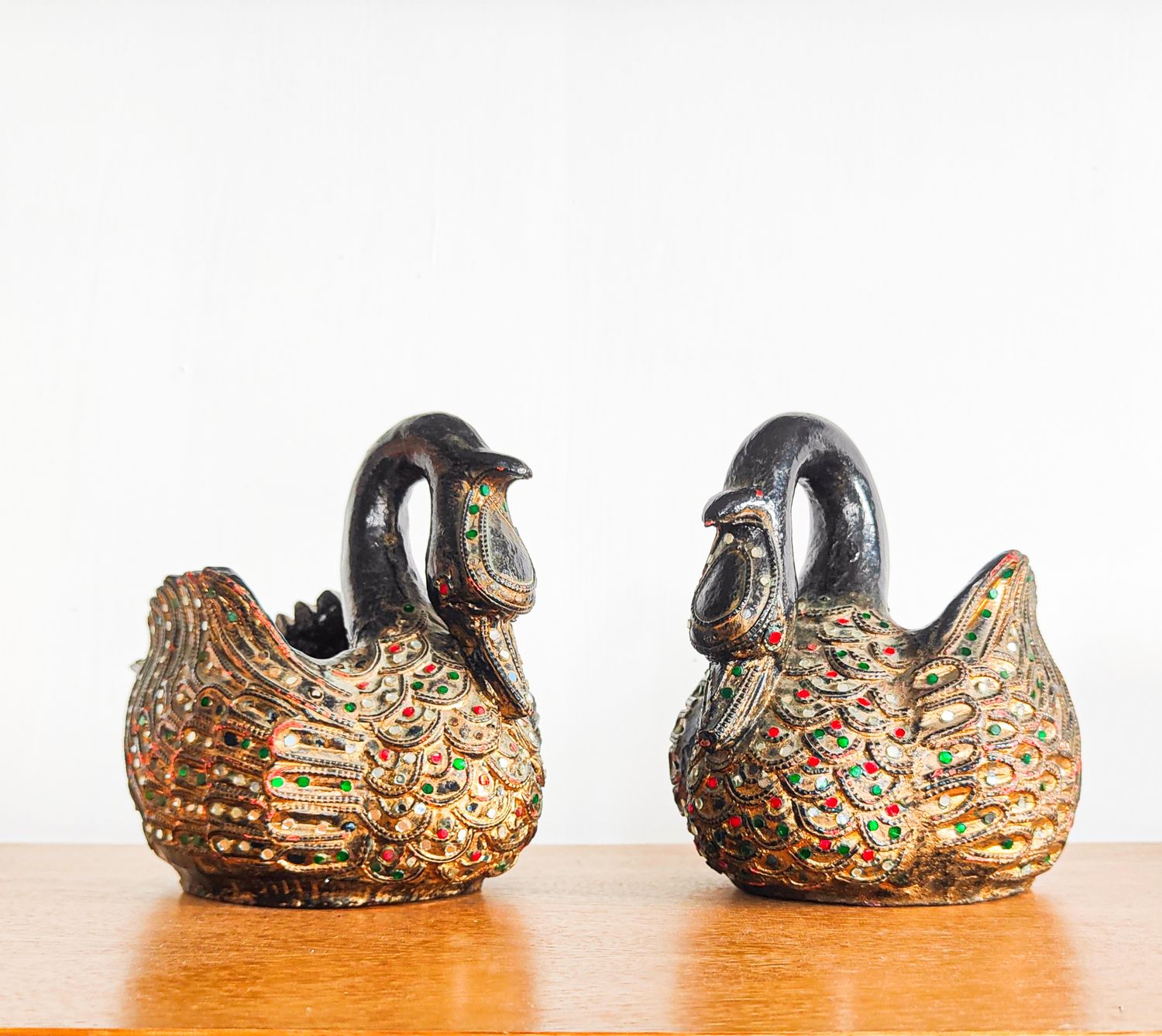 A Pair of Wooden Enamelled Swan Trinket Dish or Decorative sculptures.