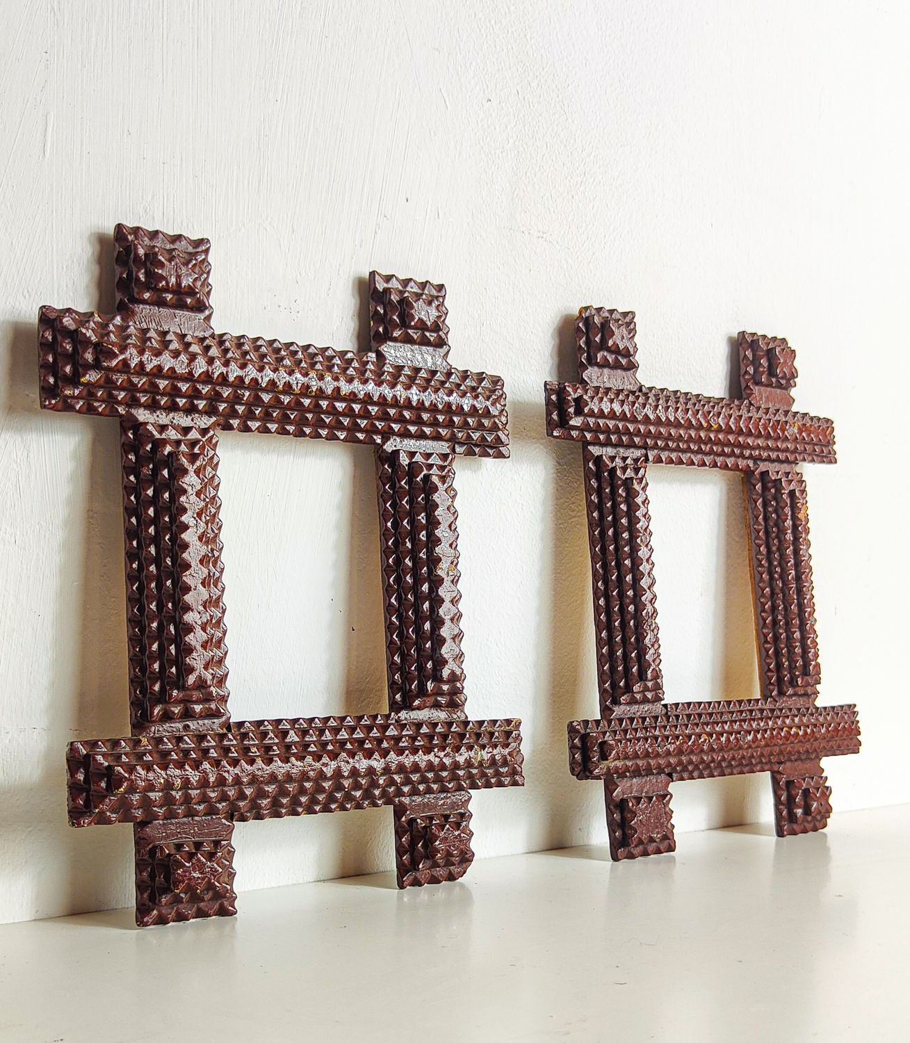 Pair of Vintage Tramp Art Cross-Form Frames / Wall Décor Pair of Vintage Tramp Art Cross-Form Frames / Wall Décor