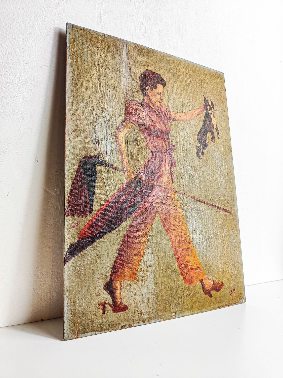 1940s American Oil on Board titled “Bad Dog” Signed Dew.