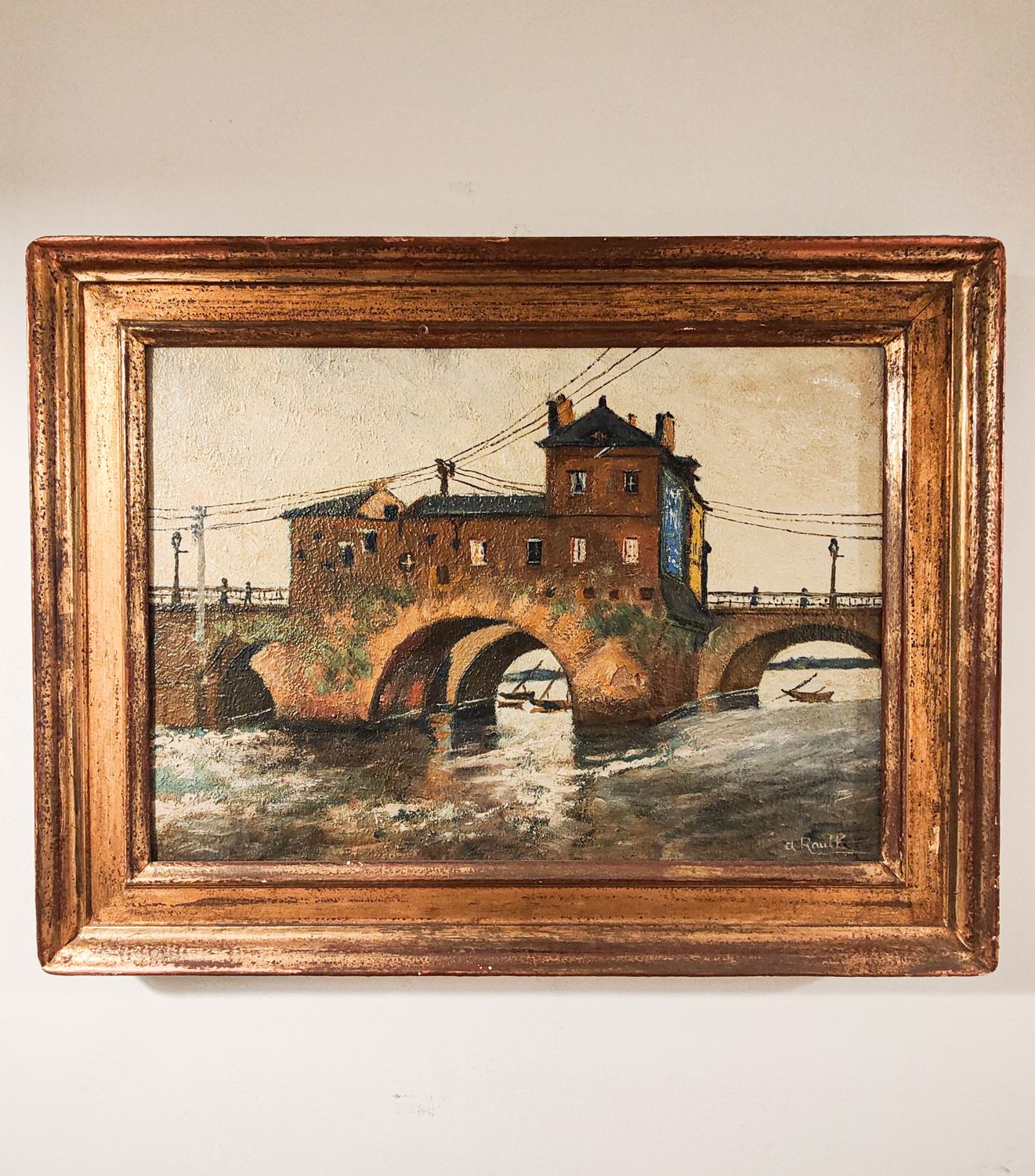European Bridge Scene Oil Painting by A. Rault