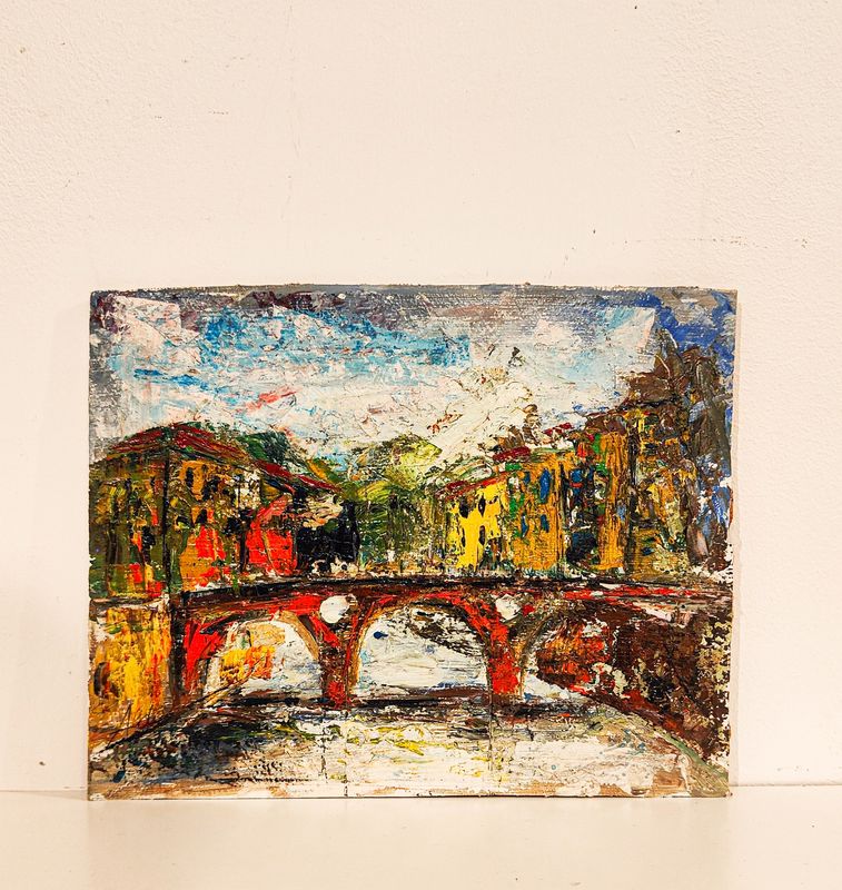 European Scene Mid Century Framed Oil on Board