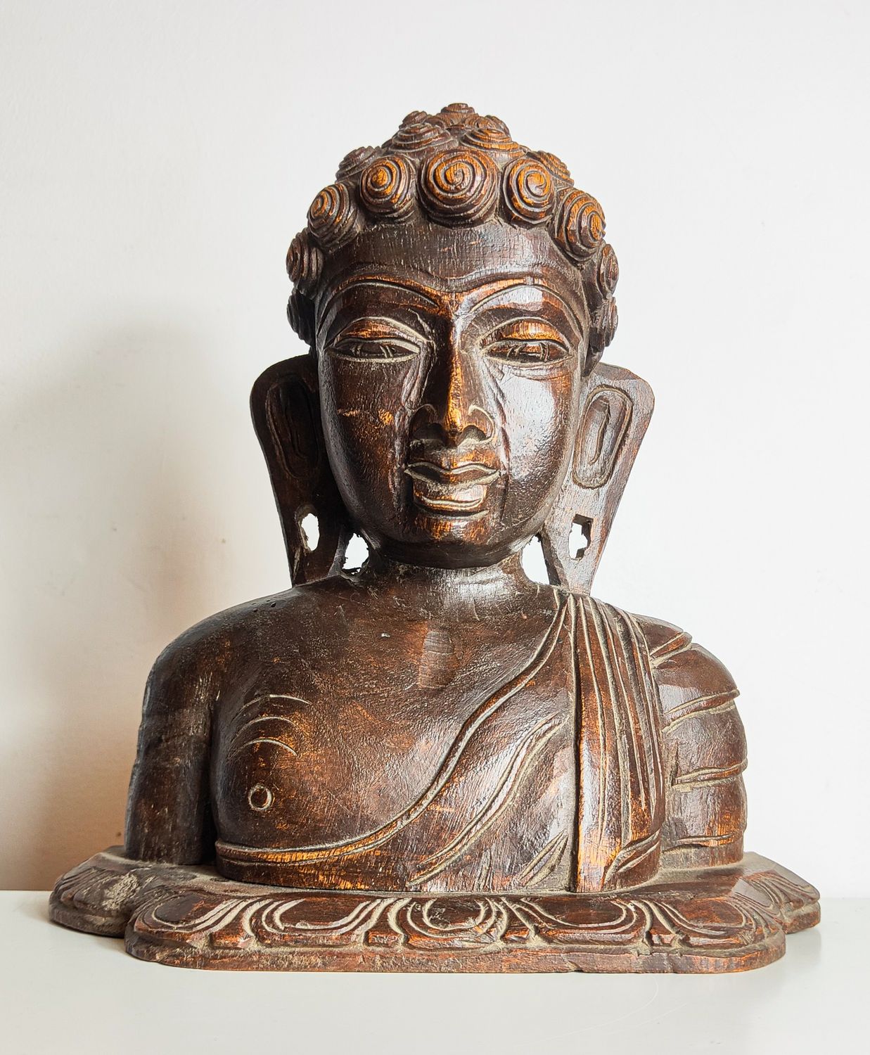 Hand-Carved Elm Early 20th Century Buddha Bust