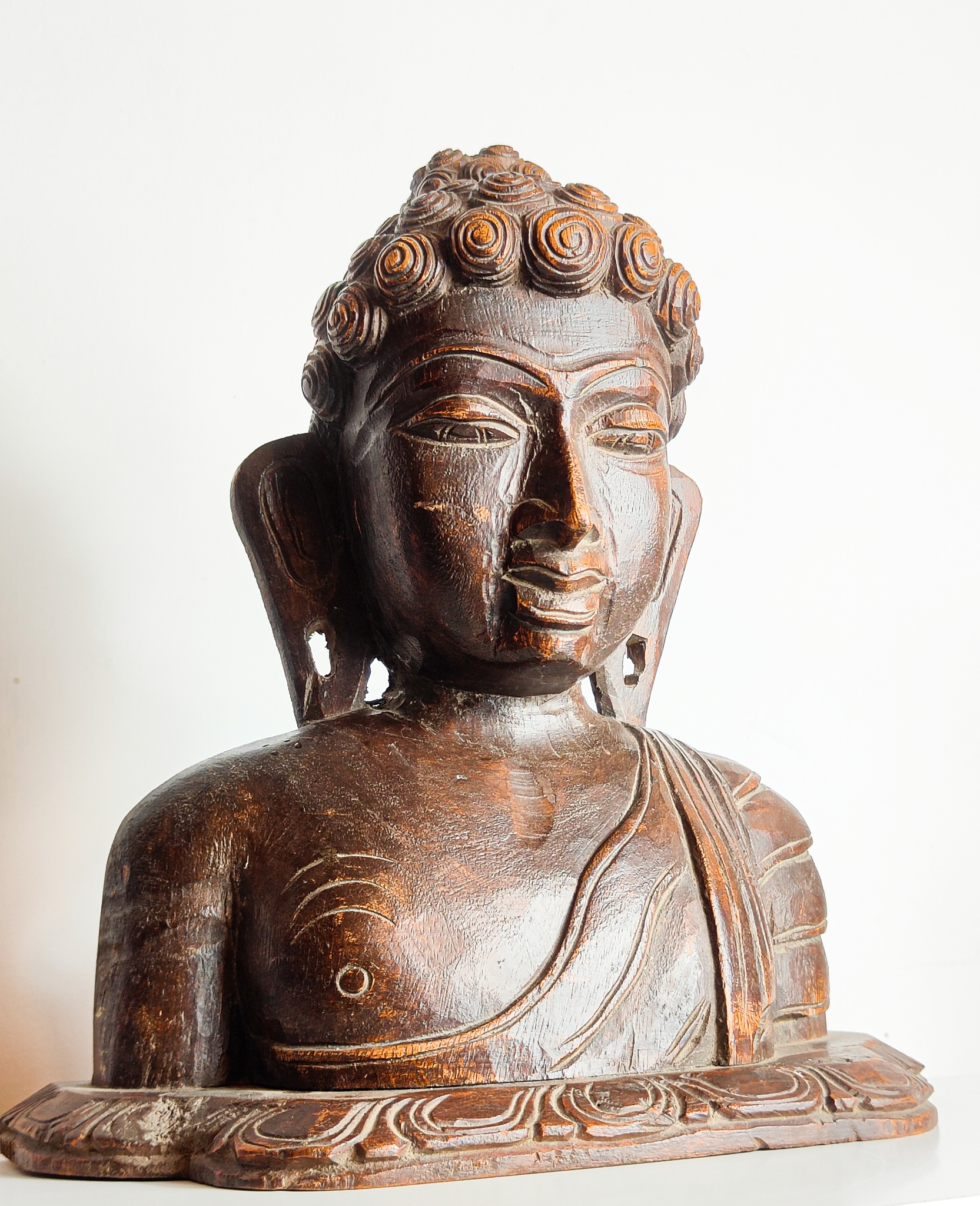 Hand-Carved Elm Early 20th Century Buddha Bust