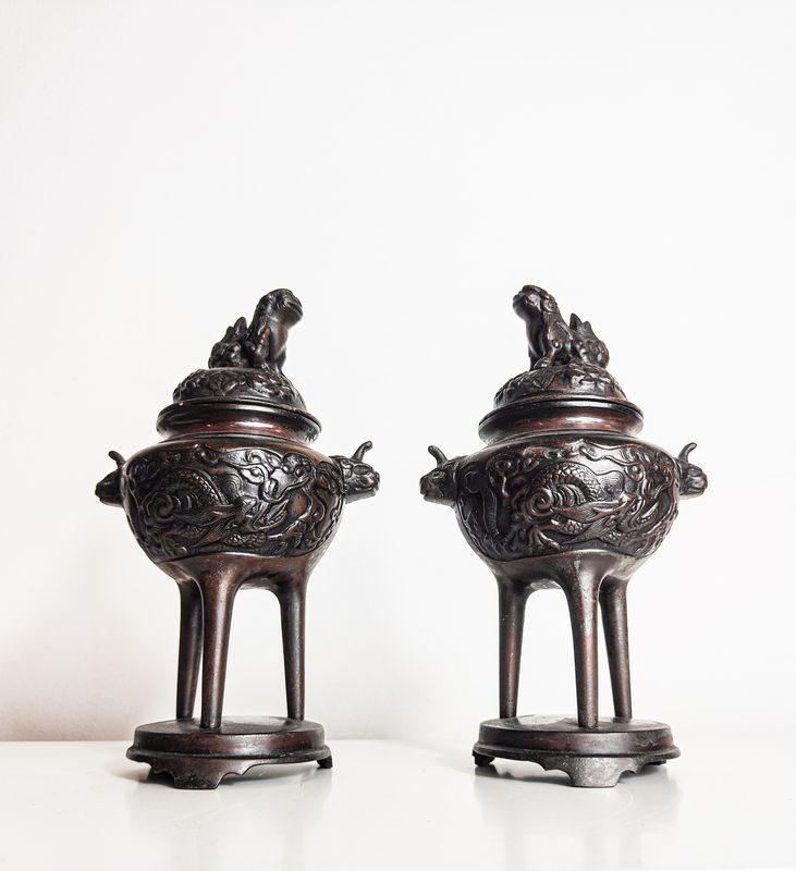 Pair of Antique Chinese Bronze Dragon Censers (Late 19th/Early 20th Century)