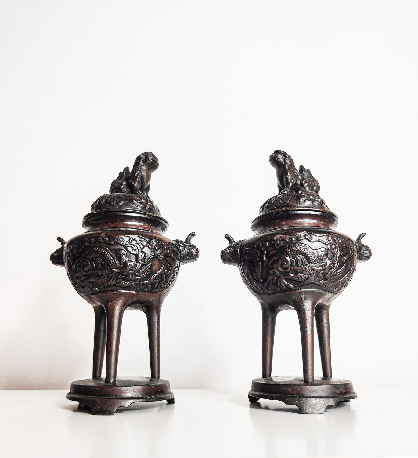 Pair of Antique Chinese Bronze Dragon Censers (Late 19th/Early 20th Century)