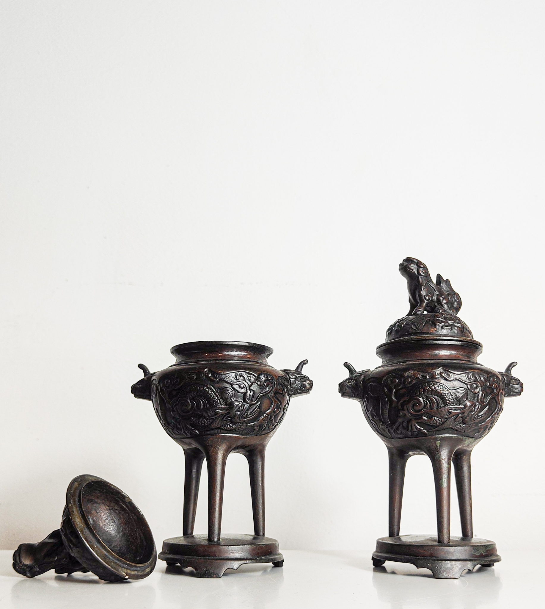 Pair of Antique Chinese Bronze Dragon Censers (Late 19th/Early 20th Century)