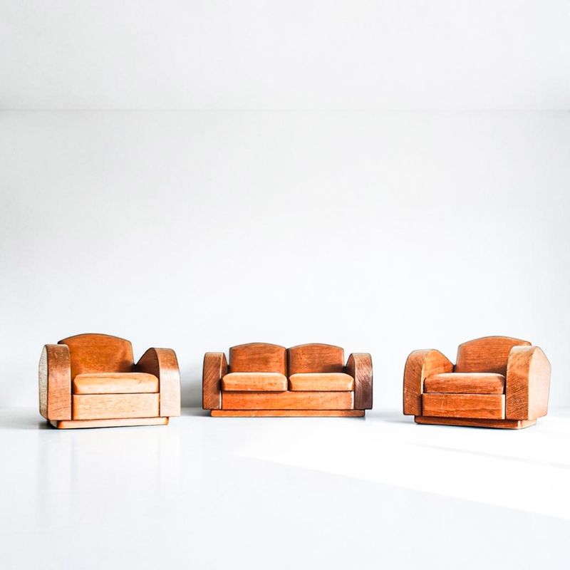 Art Deco Style Miniature Teak Lounge Set | Hidden Jewelry Suite