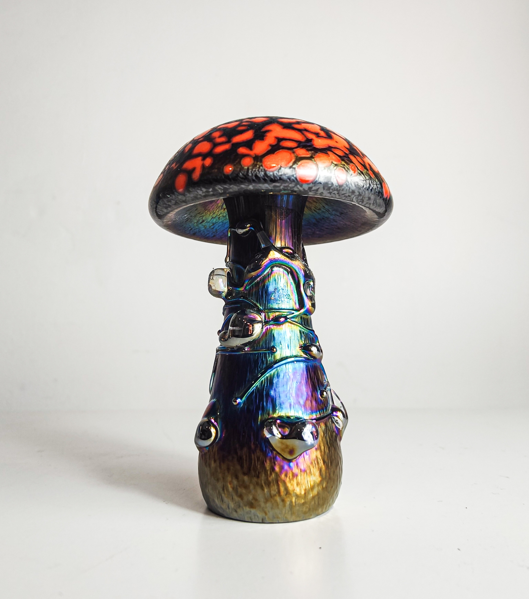 Neo Art Glass Iridescent Mushroom Sculptures by K. Heaton