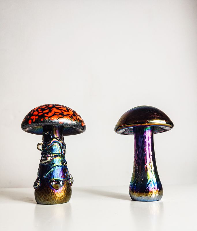 Neo Art Glass Iridescent Mushroom Sculptures by K. Heaton