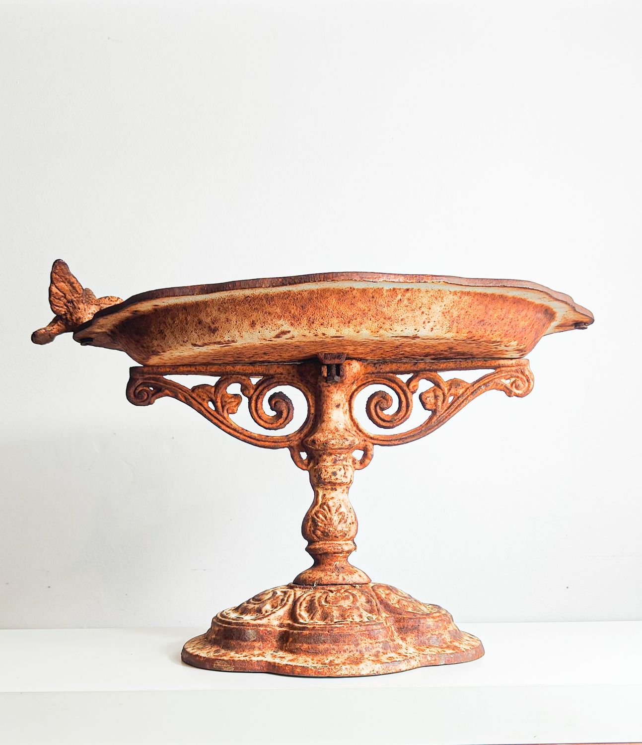 Vintage French Cast Iron Bird Bath & Feeder Rustic Garden Pedestal